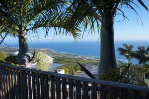 a balcony with palm trees and the ocean at Le Bleuet in Saint-Leu