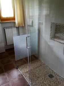 a shower with a glass door in a bathroom at Ferienhaus Irger in Marquartstein