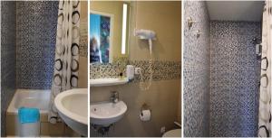2 fotos de un baño con lavabo y aseo en Hotel Pension Bella, en Berlín