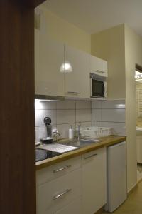 ザコパネにあるApartament Akuratny Zakopaneの白いキャビネット、シンク、電子レンジ付きのキッチンが備わります。