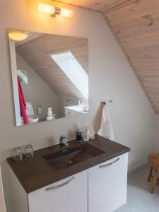 a bathroom with a sink and a mirror at Lottes Bed and Breakfast in Fårvang