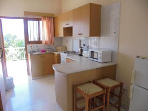 a kitchen with a counter with a microwave and a refrigerator at Niki Court Holiday Apartments in Paphos City