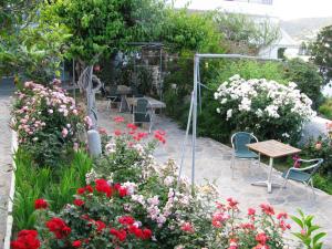 a garden with a table and chairs and flowers at Anna Studios in Katapola