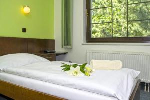 a bedroom with a bed with flowers on it at Hotel Širák in Most