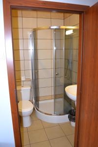 a bathroom with a shower and a toilet and a sink at Hostel Mikołajczyka59 in Sosnowiec