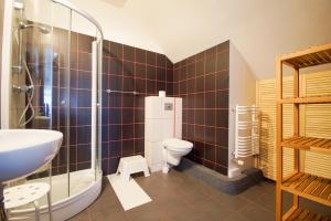 a bathroom with a toilet and a shower and a sink at Koral in Władysławowo +172 photos