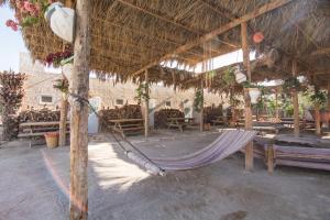 a hammock in a building with a straw roof at Kfar Hanokdim - Glamping & Camping in Arad