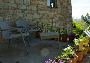 two chairs and a table on a patio with plants at Il Ghiottone Umbro in Todi