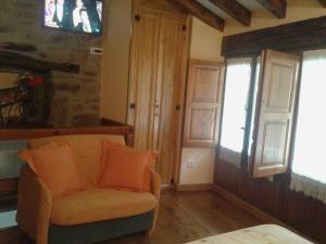 a living room with a chair and a television at LA CASUCA Y LA CABAÑA in Ojedo