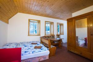 a bedroom with a bed and a desk and a table at Chata Pod lipami in Rokytnice nad Jizerou