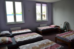 um quarto com três camas e duas janelas em Hostel Mikołajczyka59 em Sosnowiec