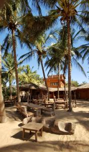 un groupe de bancs et de palmiers sur une plage dans l'établissement Tama Lodge, à Mbour