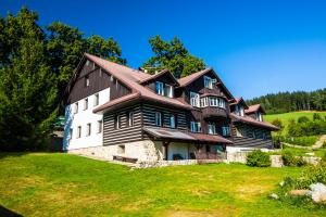 a large wooden house on a grassy hill at Chata Pod lipami in Rokytnice nad Jizerou