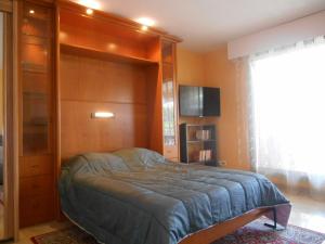 カンヌにあるAppartement Les Palmiers - Vacances Cote d'Azurのベッドルーム(ベッド1台、本棚付)