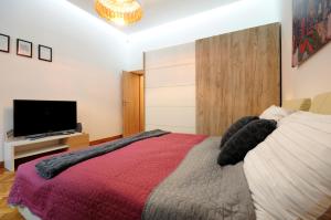 a bedroom with a large bed and a television at Stylish Apartman Szeged in Szeged