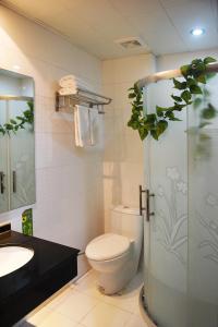 La salle de bains est pourvue de toilettes, d'un lavabo et d'une douche. dans l'établissement Huangshan Tangkou Haoshi International Youth Hostel, à Monts Huang