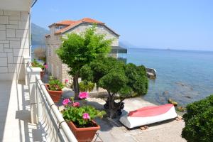 a balcony with plants and flowers on the water at Apartments Pavla in Orebić