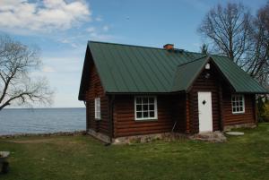 a log cabin with a green roof next to the water at Peipsi rannamaja in Nina