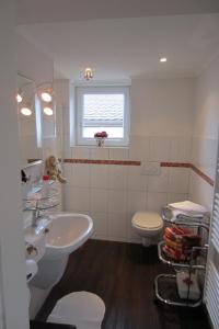 a bathroom with a sink and a toilet and a window at Exklusive Ferienwohnung Strohberg in Plön