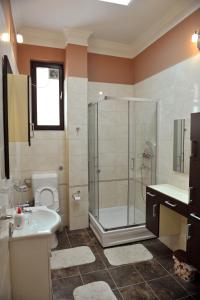 een badkamer met een douche, een toilet en een wastafel bij Tesla Apartment in Sarajevo