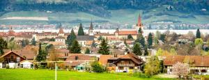 una piccola cittadina con case e un campo verde di Bed & Breakfast Region Murtensee a Münchenwiler