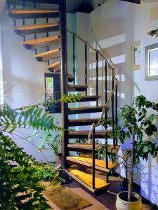 a wooden spiral staircase in a room with plants at Bistro-Pension La Teleferic in Sinaia