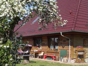 ein Holzhaus mit einem roten Dach und einem Picknicktisch in der Unterkunft DOM GOŚCINNY PTASZARNIA - Ekologia - Natura - Rewilding in Świnoujście