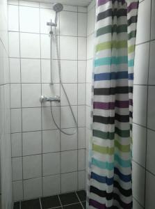 a bathroom with a shower with a shower curtain at Room In Gedser Centrum in Gedser