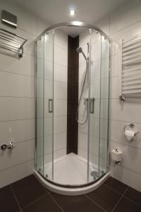 y baño con ducha y puerta de cristal. en Apartament Meander en Szklarska Poręba