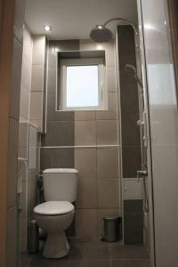 a small bathroom with a toilet and a window at Yavor Apartment in Sofia