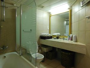 a bathroom with a sink and a toilet and a shower at Sunrise Apartment in Ashkelon