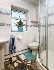 uma casa de banho com um WC, um lavatório e uma janela em 1 Tan Yr Eglwys Barn Cottage em Pontardawe