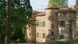 una vecchia casa in pietra con una torre di Chateau Paysan ecolobio de Durianne a Le Monteil