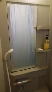 a bathroom with a toilet with a shower curtain at J's Backpackers in Tokyo