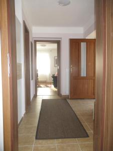 a hallway with a door and a rug on the floor at Penzion Milada in Všetaty