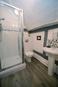 a bathroom with a shower and a toilet and a sink at The White Lion Inn in Hampton in Arden