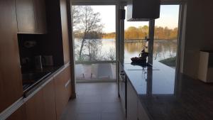 a kitchen with a view of a lake from a window at Domido Villa in Trakai