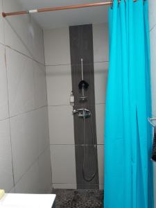 a shower with a blue shower curtain in a bathroom at L'ANNEXE 66 , Saint Denis Centre Ville , à 200 m de la Rue Piétonne , du Petit Marché et du Leader Price , sur une rue calme, PARKING GRATUIT sur la rue in Saint-Denis