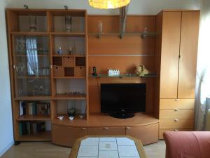 een woonkamer met een tv en een boekenplank bij Austernfischer Fewo I in Borkum