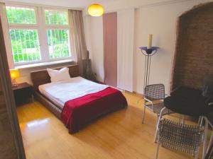 a bedroom with a bed and a desk and a window at Style Comfort Silence in Freiburg im Breisgau