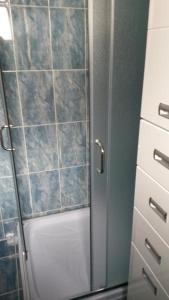 y baño con ducha y puerta de cristal. en S&G Apartment en Vranje