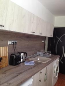 - un comptoir de cuisine avec évier et four micro-ondes dans l'établissement Apartment Sinchets, à Varna