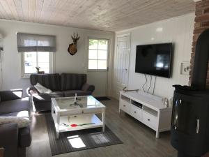 een woonkamer met een bank en een tv bij Guse gård in Kvinesdal