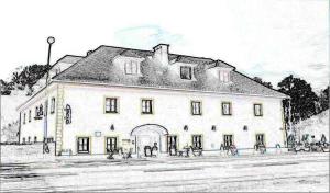 eine Zeichnung eines großen weißen Gebäudes in der Unterkunft Gasthof Schlosswirt in Klagenfurt am Wörthersee