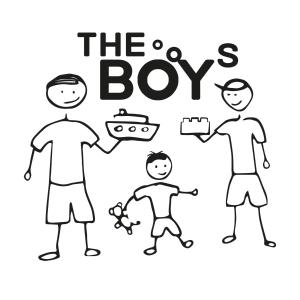 Un set di tre illustrazioni di un uomo e un ragazzo e la scatola di The Boys Apartman a Siófok