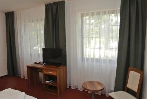 a room with a bed and a tv and a window at Hotel Širák in Most