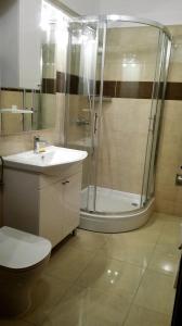 W łazience znajduje się prysznic, umywalka i toaleta. w obiekcie Šibenska oaza w Szybeniku