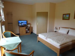 a bedroom with a bed and a tv and a chair at Pension Bier in Burg