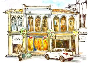 a drawing of a building with a car in front at Ban Loong Boutique Hotel in Ipoh