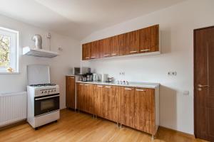 a kitchen with wooden cabinets and a stove at Casa ARBO in Călimăneşti